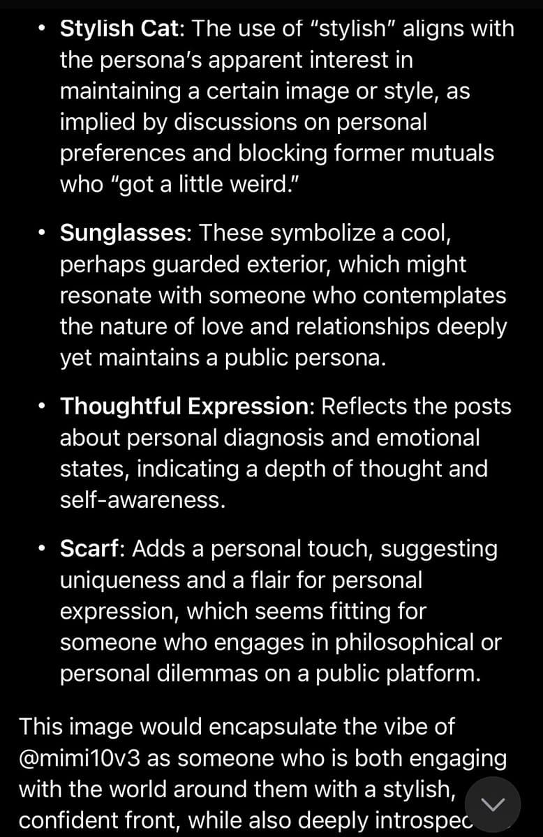 A screenshot of a text document or analysis, likely from a social media post, that interprets the symbolism of a cat's appearance (stylish, sunglasses, thoughtful expression, scarf) as reflecting a specific persona's character traits.