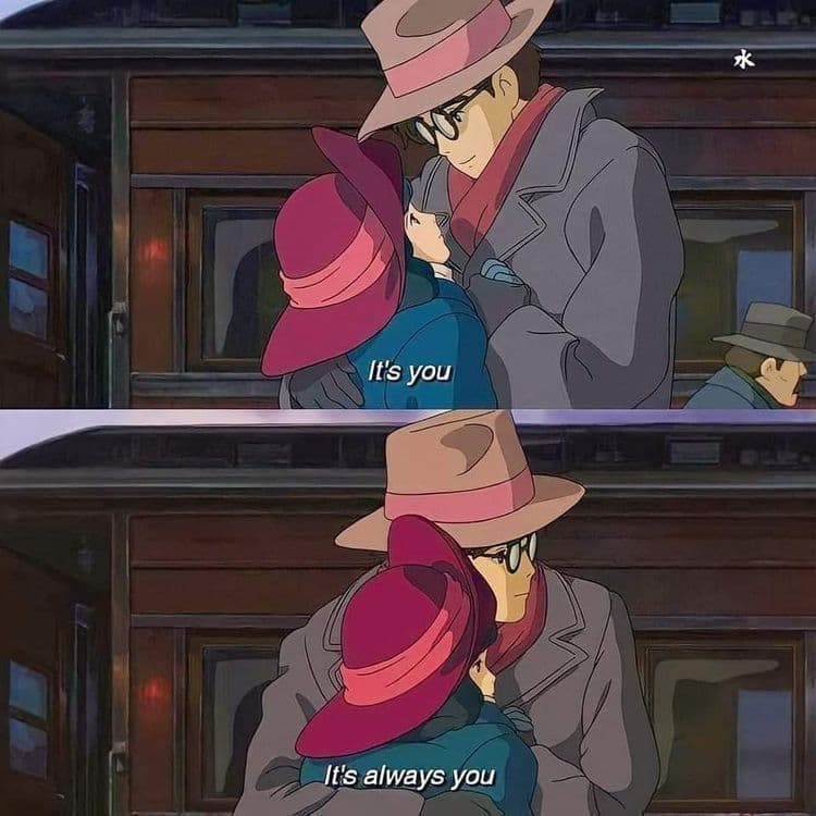 A two-panel screenshot from the animated film 'The Wind Rises' showing a man in a hat and glasses embracing a woman in a large hat on a train platform. The top panel includes the subtitle 'It's you,' and the bottom panel shows the same scene with the subtitle 'It's always you.'