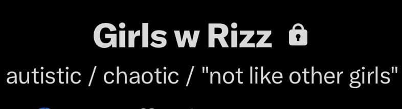 A black background image with white text that reads "Girls w Rizz" followed by a padlock emoji, and below that, the text "autistic / chaotic / 'not like other girls'". This appears to be a meme or social media post.