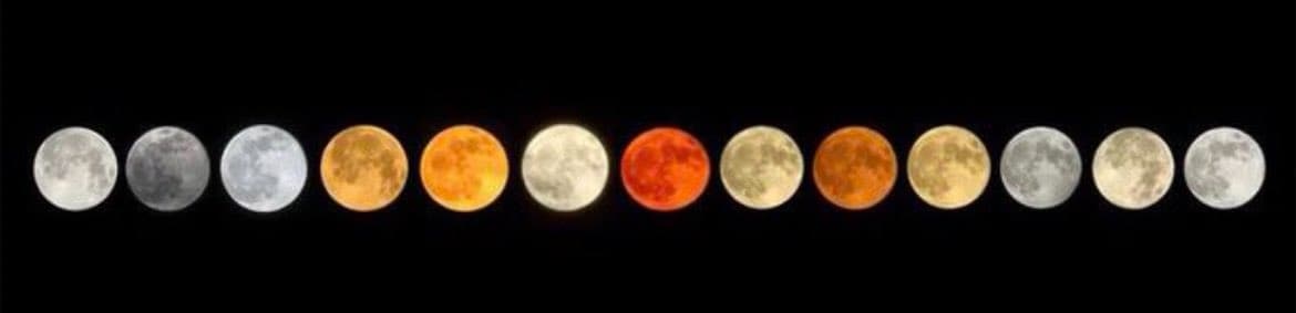 A horizontal row of twelve full moons displayed against a black background, showing various colors and appearances including white, gray, orange, and red.