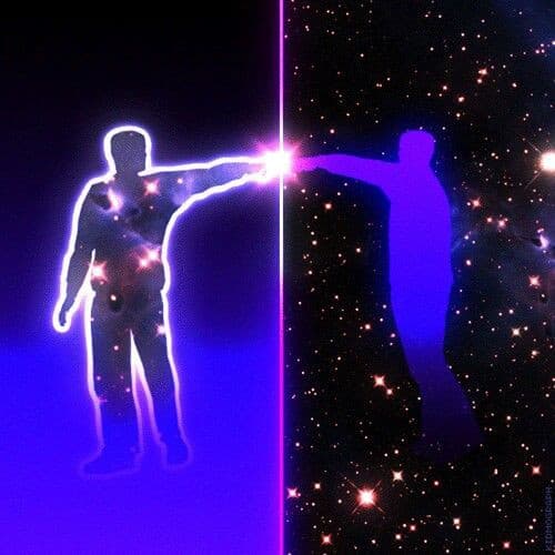 A digital illustration showing two silhouetted figures facing each other across a vertical dividing line, with their outstretched hands touching at the center where a bright light emanates. The left figure is outlined in white against a purple background, while the right figure is solid purple against a starry black background. The image has a cosmic, ethereal aesthetic with scattered stars and glowing particles.