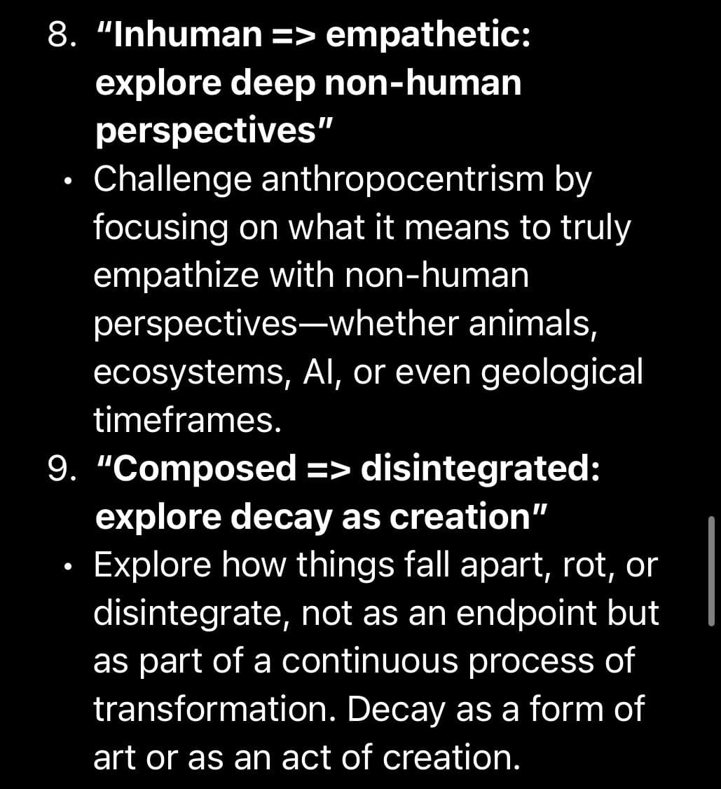 A screenshot of a text-based list on a black background, showing items 8 and 9 from a larger document. The text appears to be a prompt or output from an AI chatbot, discussing conceptual themes for creative works.