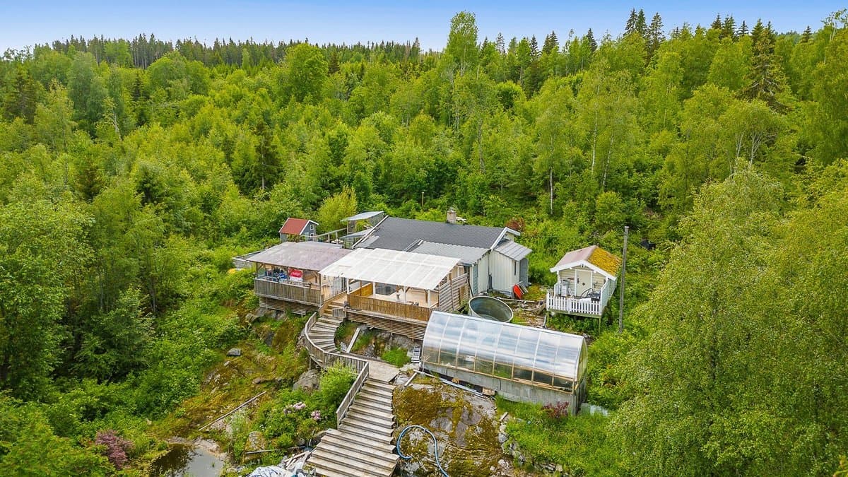 An aerial photograph of a rustic homestead nestled in a dense green forest, featuring a main house, a greenhouse, and a small cabin.