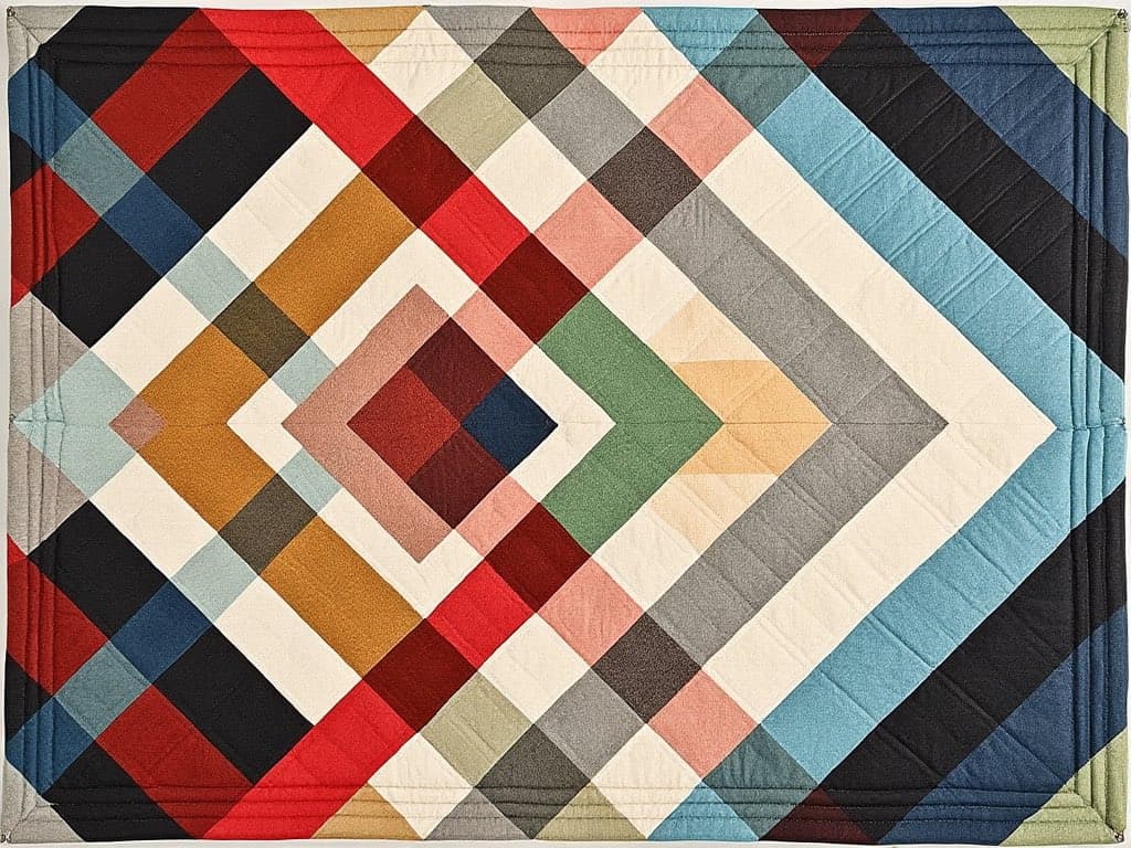 A top-down view of a handmade patchwork quilt featuring a geometric diamond pattern in a variety of colors including red, blue, green, and black.