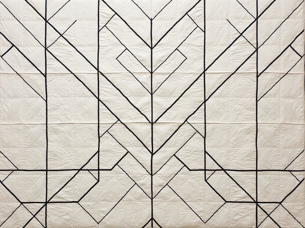 A close-up view of a white quilt featuring a geometric pattern of black stitched lines forming vertical and diagonal shapes.