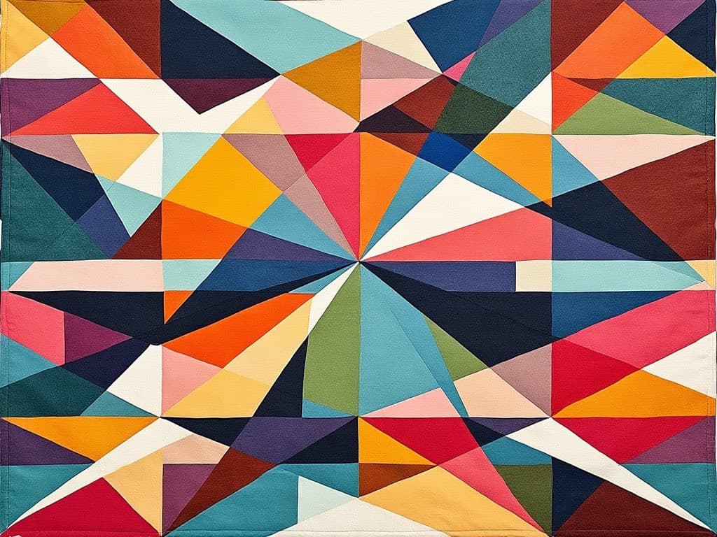 A colorful, abstract geometric design featuring a complex arrangement of triangles and polygons in various shades of red, blue, yellow, green, and purple. The pattern radiates from a central point, creating a dynamic and vibrant visual effect.