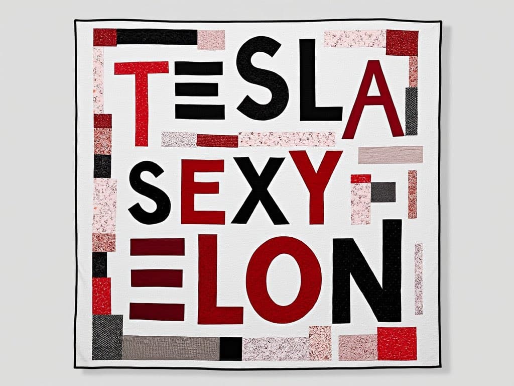 A square quilt with a white background and a black border, featuring the words TESLA, SEXY, and ELON arranged in a grid. The letters are in red and black, with decorative red and black fabric patches framing the text.
