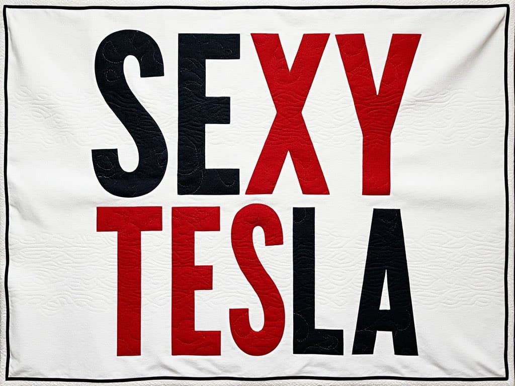 A white quilt with a black border featuring the words "SEXY" and "TESLA" in large, bold letters. The letters are colored in alternating red and black, with "SEXY" positioned above "TESLA" and the letter "E" shared between the two words.