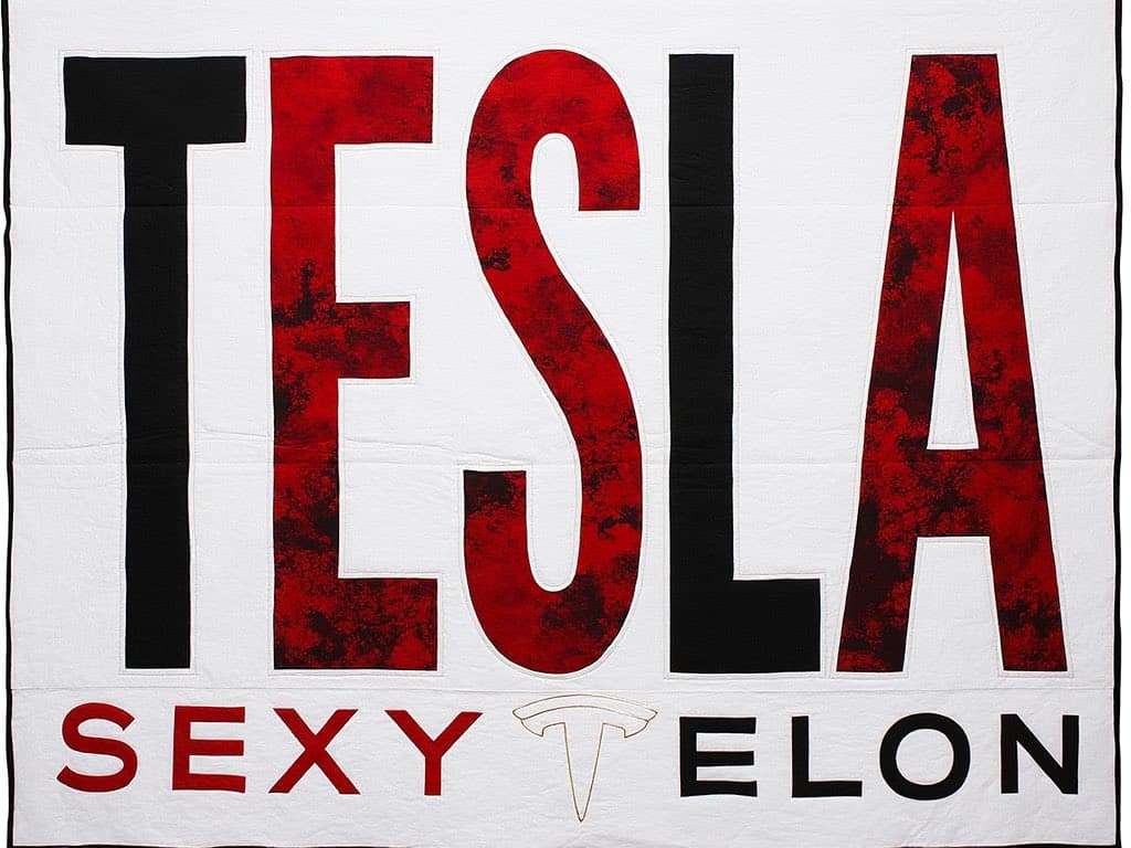 A white quilt featuring the word "TESLA" in large, distressed red and black letters across the top. Below, the word "SEXY" appears in red on the left and "ELON" in black on the right, separated by a small Tesla logo outline.
