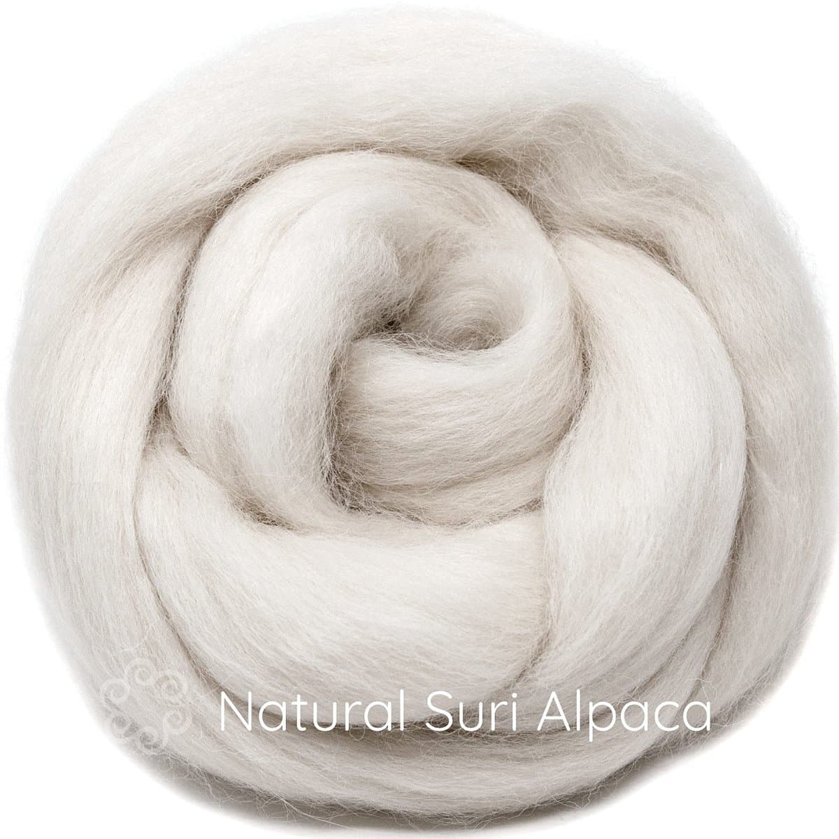 A close-up product photo of a large, circular skein of fluffy, off-white fiber against a white background. The text "Natural Suri Alpaca" is overlaid in white at the bottom of the image.