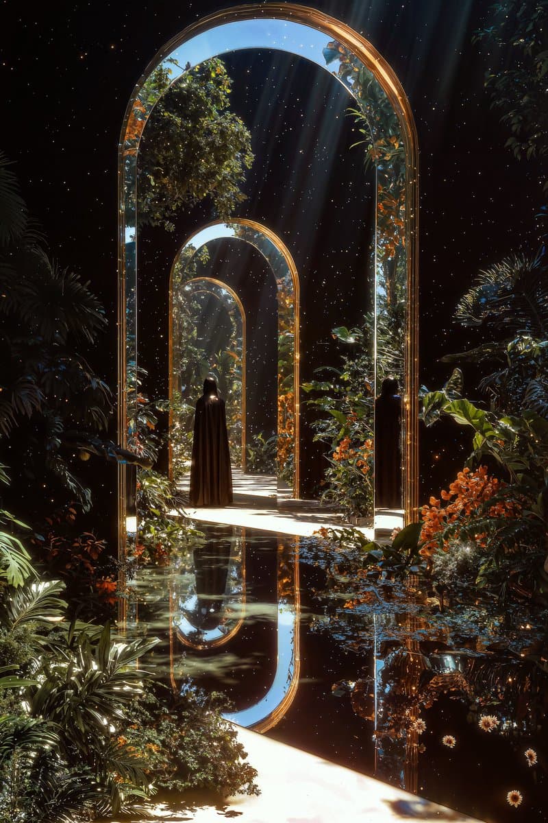 A surreal digital artwork depicting a figure in a dark cloak standing in a lush, tropical forest at night, framed by a series of receding golden arches that reflect in a pool of water below. The scene is illuminated by beams of light filtering through the canopy, creating a mystical and ethereal atmosphere.