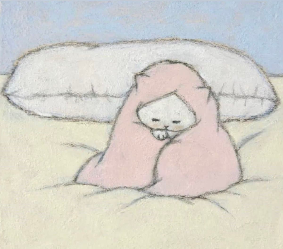 A soft, pastel-colored illustration of a small white cat sitting on a bed, wrapped in a pink blanket up to its face. The cat has a content expression with closed eyes and is positioned in front of a white pillow against a light blue wall.