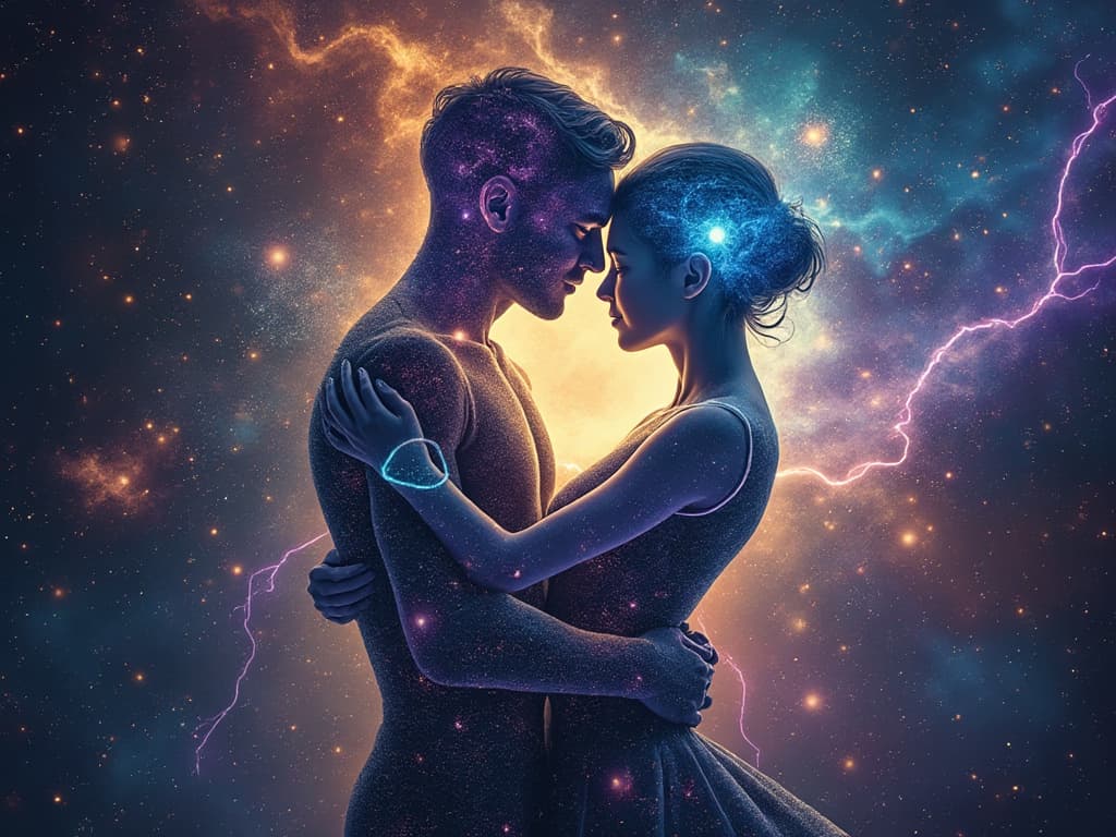 A digital illustration of a man and a woman embracing tenderly, their bodies filled with a cosmic starry pattern. They are set against a vibrant background of colorful nebulae and lightning bolts.