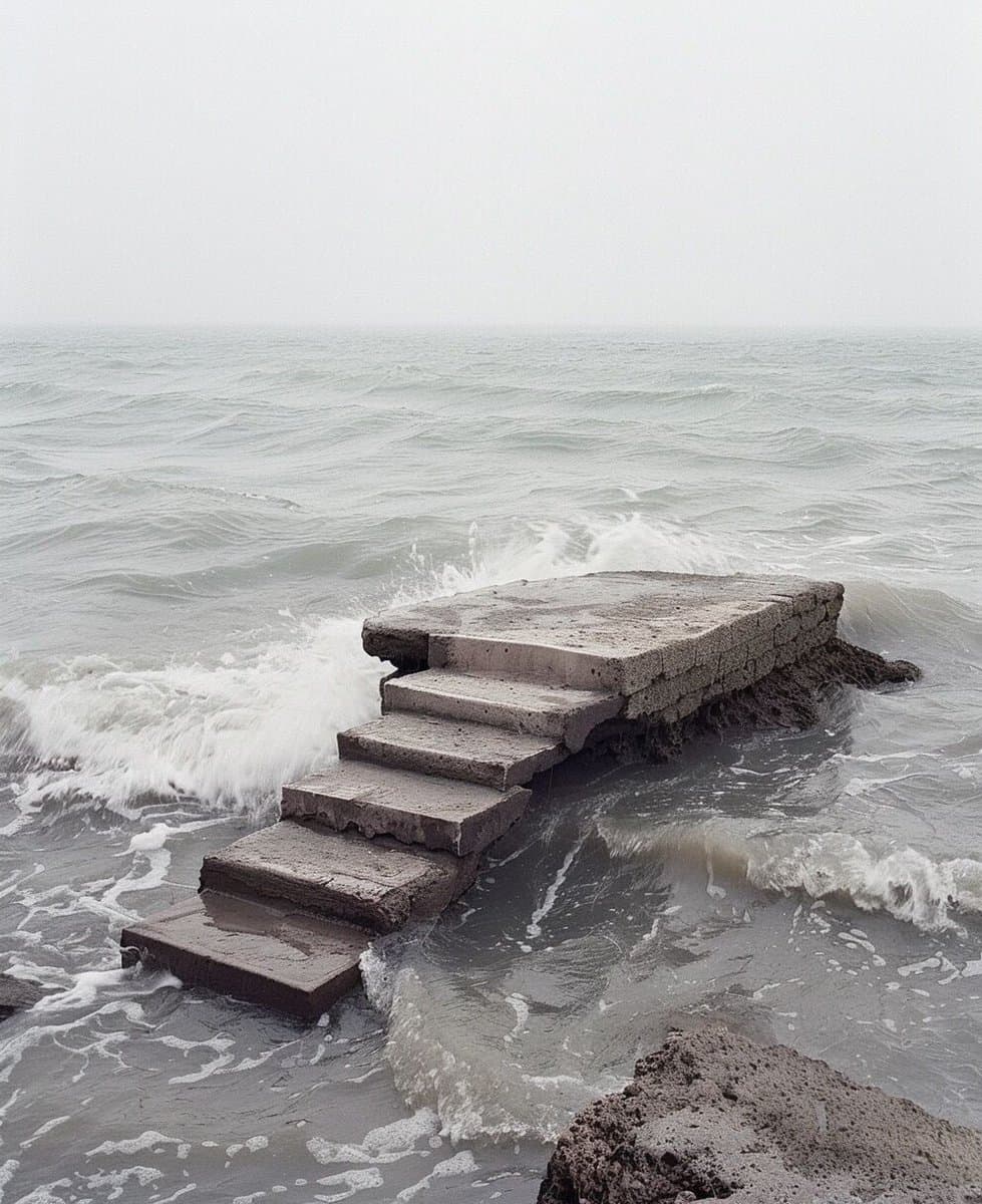 A concrete staircase leads down into a choppy, gray ocean, ending at a small, flat concrete platform where waves are crashing. The scene is overcast, with a hazy horizon line separating the water from the pale sky.