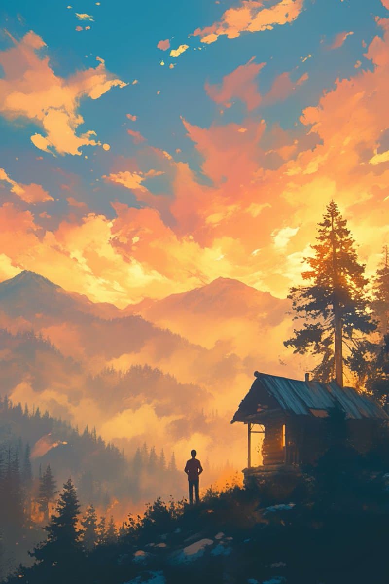 A digital painting depicting a person standing on a hillside next to a small wooden cabin, looking out over a misty mountain range at sunset. The sky is filled with dramatic orange and yellow clouds, and a tall pine tree stands to the right of the cabin.