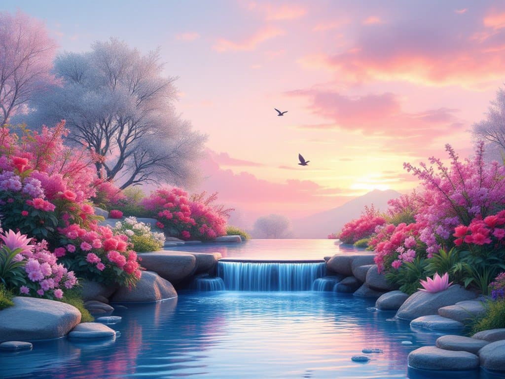 A digital illustration of a serene, dreamlike landscape featuring a calm river with a small waterfall, surrounded by vibrant pink flowers and smooth stones under a pastel sunset sky. Two birds are flying in the distance above the water.