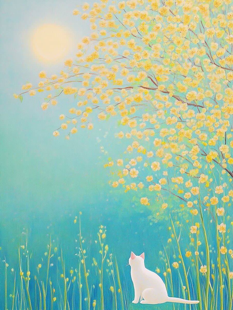 A digital painting depicting a white cat sitting in a field of tall grass, looking up at a large tree with yellow blossoms against a light blue sky with a soft sun.