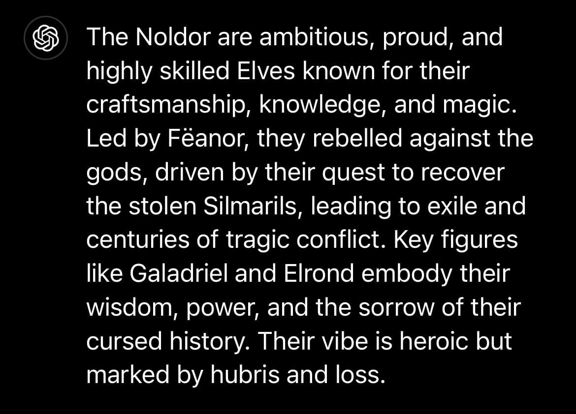 A screenshot of a text post from the AI chatbot ChatGPT, featuring its logo in the upper left corner. The text provides a lore summary of the Noldor Elves from J.R.R. Tolkien's Middle-earth legendarium.