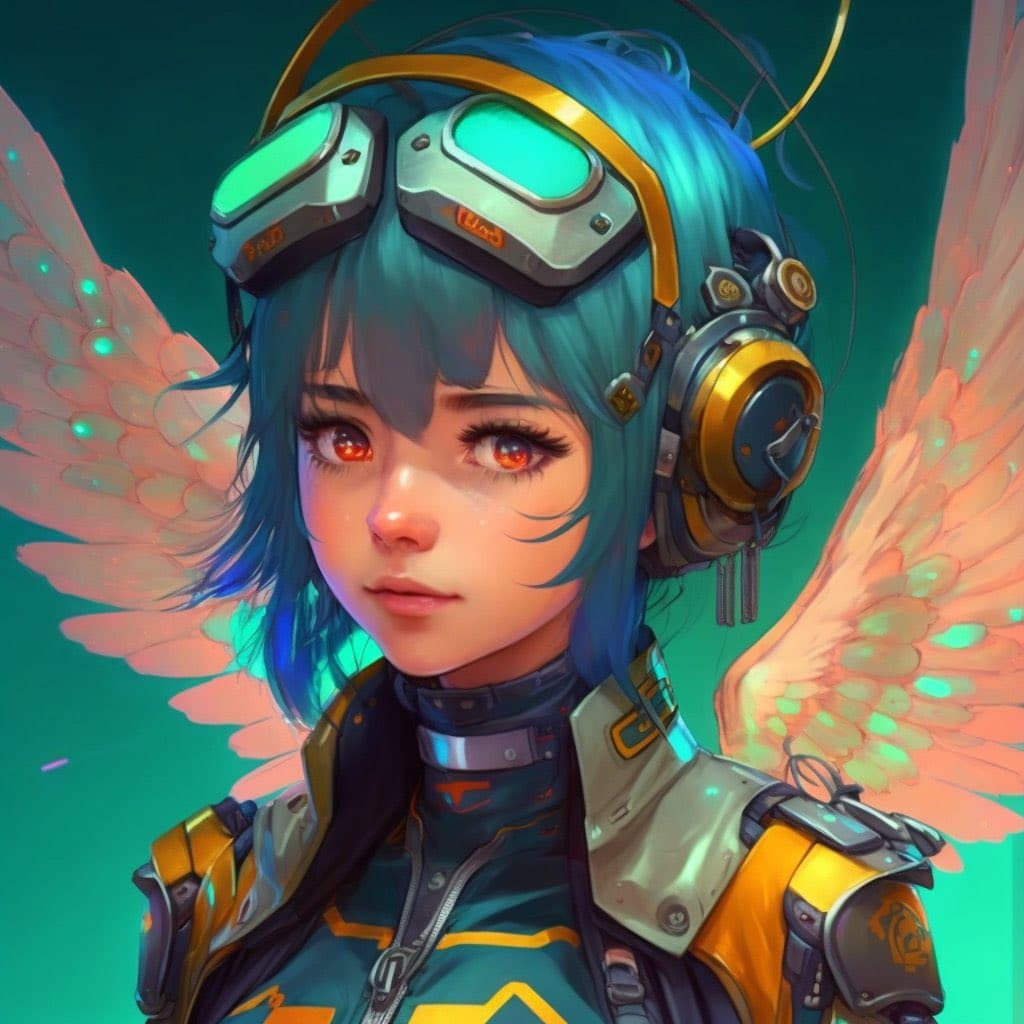 A digital illustration of a young woman with blue hair, orange eyes, and feathered wings, wearing futuristic goggles and headphones. She is dressed in a sci-fi style jacket with yellow and green accents against a teal background.
