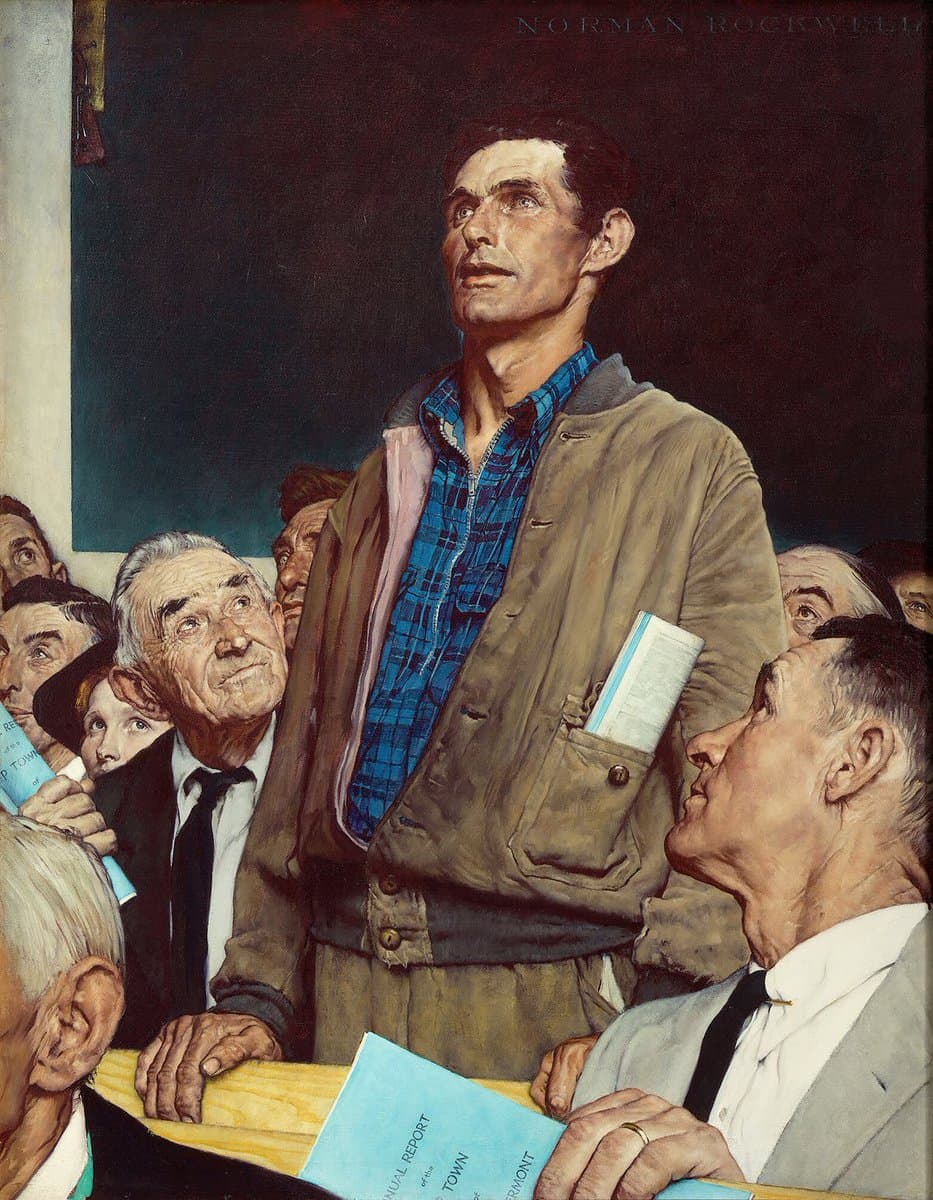 A painting by Norman Rockwell depicting a young man in a blue plaid shirt and brown jacket standing among a crowd of older men, looking upward with a serious expression. The scene appears to be a public meeting or town hall, with several men holding blue booklets labeled 'ANNUAL REPORT'.