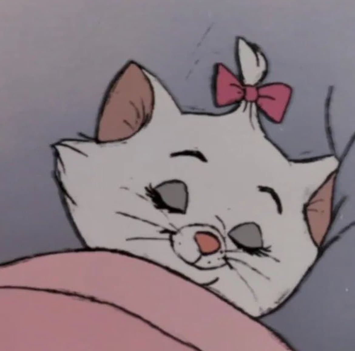 A close-up of a cartoon white cat with a pink bow on its head, resting its head on a pink surface with its eyes closed in a content expression. The image has a vintage, hand-drawn animation style.