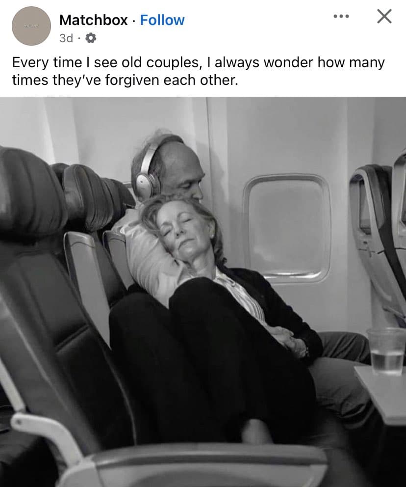 A black-and-white photograph of an elderly couple sleeping on an airplane, with the woman resting her head on the man's shoulder. The image is posted on social media with a caption about forgiveness in long-term relationships.