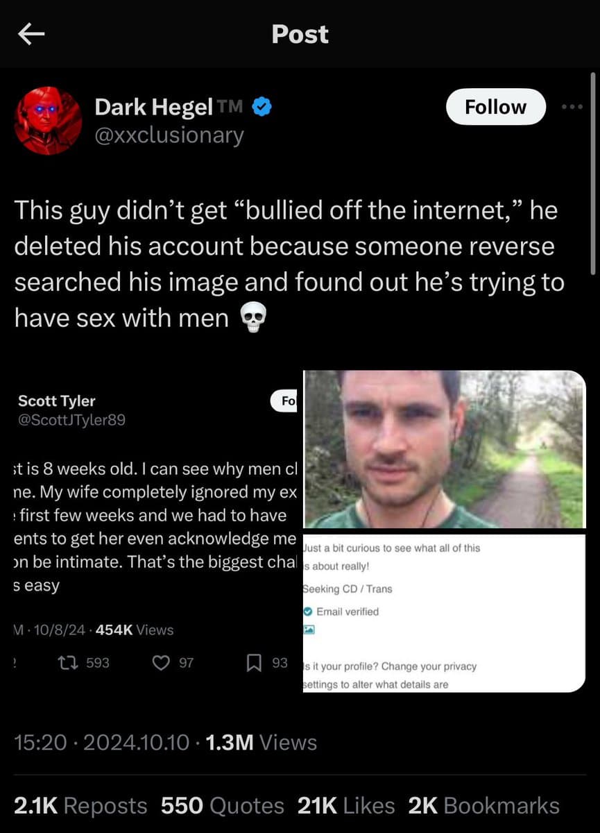 A screenshot of a Twitter post by user Dark Hegel, which quotes a tweet from Scott Tyler. The image includes a photo of a man and a cropped view of a dating profile, illustrating the context of the post's text.