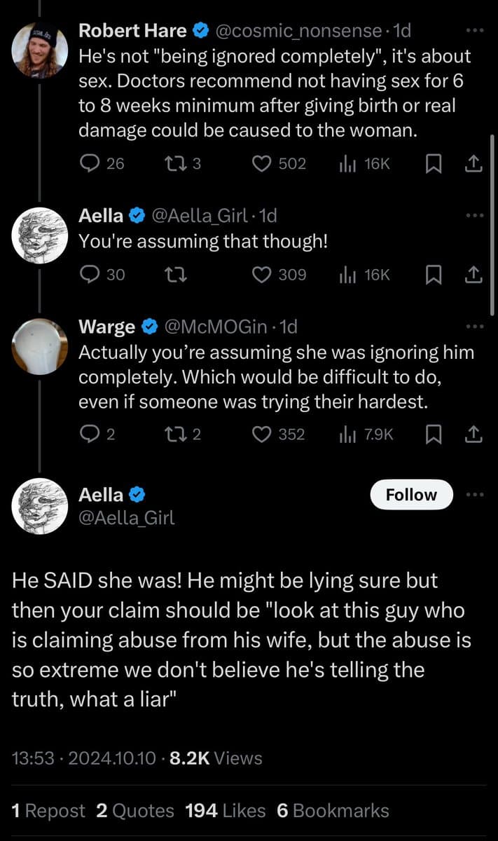 A screenshot of a Twitter conversation thread featuring replies from users Robert Hare, Aella, and Warge. The thread discusses a dispute regarding a man's claims of being ignored by his wife after childbirth, with Aella defending the wife's perspective.