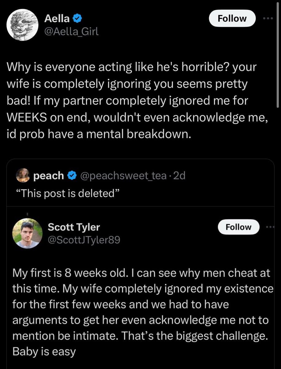 A screenshot of a Twitter conversation where user Aella responds to a deleted post by user peach, which was a reply to a post by Scott Tyler. The conversation discusses the challenges of a new father's relationship with his wife in the early weeks after the birth of their child.