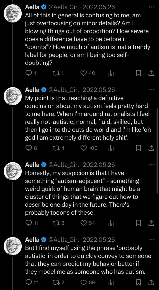 A screenshot of a Twitter thread consisting of four consecutive posts by the verified user @Aella_Girl, dated May 26, 2022. The posts discuss the user's personal experience with self-identifying as autistic and the difficulty of reaching a definitive conclusion.