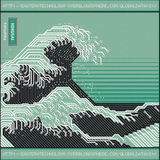 A digital artwork depicting Hokusai's 'The Great Wave off Kanagawa' using a circuit board pattern, with a green and black color scheme. The image includes a vertical label reading 'HOKUSAI' and 'Katsushika' on the left side, and a URL banner at the top and bottom.
