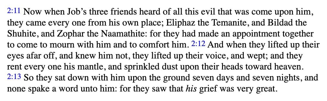 A screenshot of a Bible passage from the Book of Job, specifically verses 2:11 through 2:13, displayed in black text on a white background with blue verse numbers.