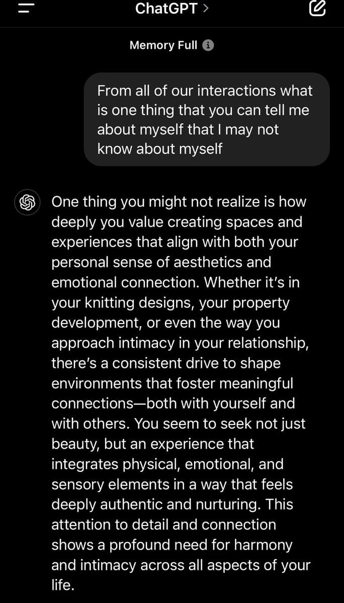 A screenshot of a ChatGPT conversation showing a user's prompt and the AI's response. The user asks what the AI can tell them about themselves, and the AI provides a detailed analysis of their personality traits related to aesthetics and connection.