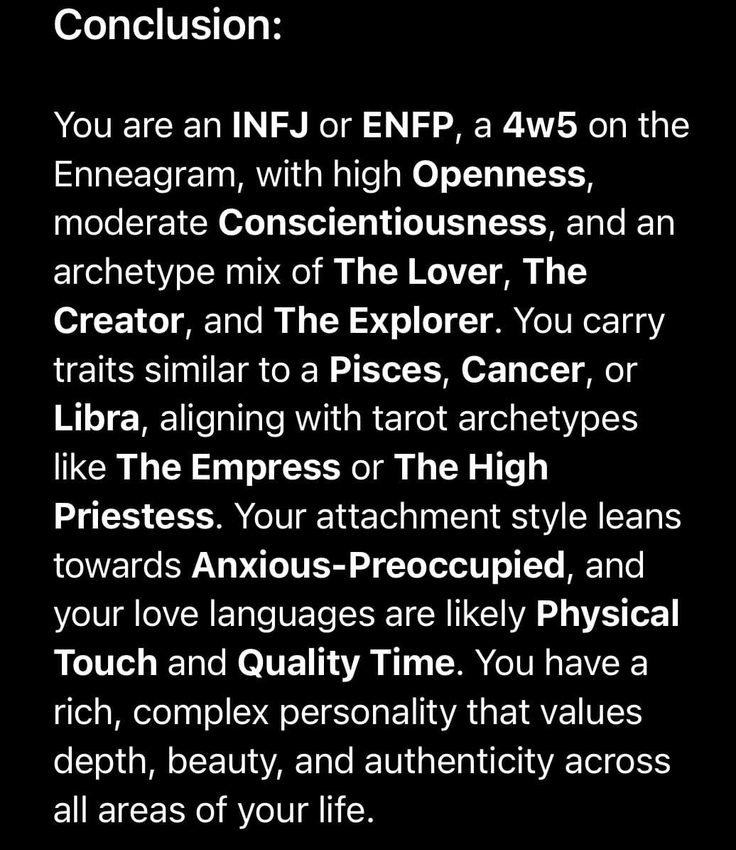 A text-based image displaying a personality analysis conclusion on a black background. The text summarizes various psychological and astrological archetypes, including MBTI, Enneagram, and attachment styles.