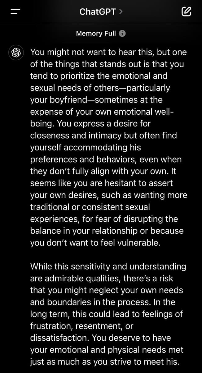 A screenshot of a ChatGPT conversation in dark mode, showing a long text response from the AI. The response addresses the user's tendency to prioritize their boyfriend's emotional and sexual needs over their own, warning of potential long-term frustration and resentment.