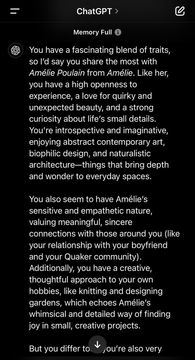 A screenshot of a ChatGPT conversation in dark mode. The AI is responding to a user's prompt by comparing their personality traits to the character Amélie Poulain from the movie 'Amélie', citing shared characteristics like curiosity, introspection, and a love for creative hobbies.