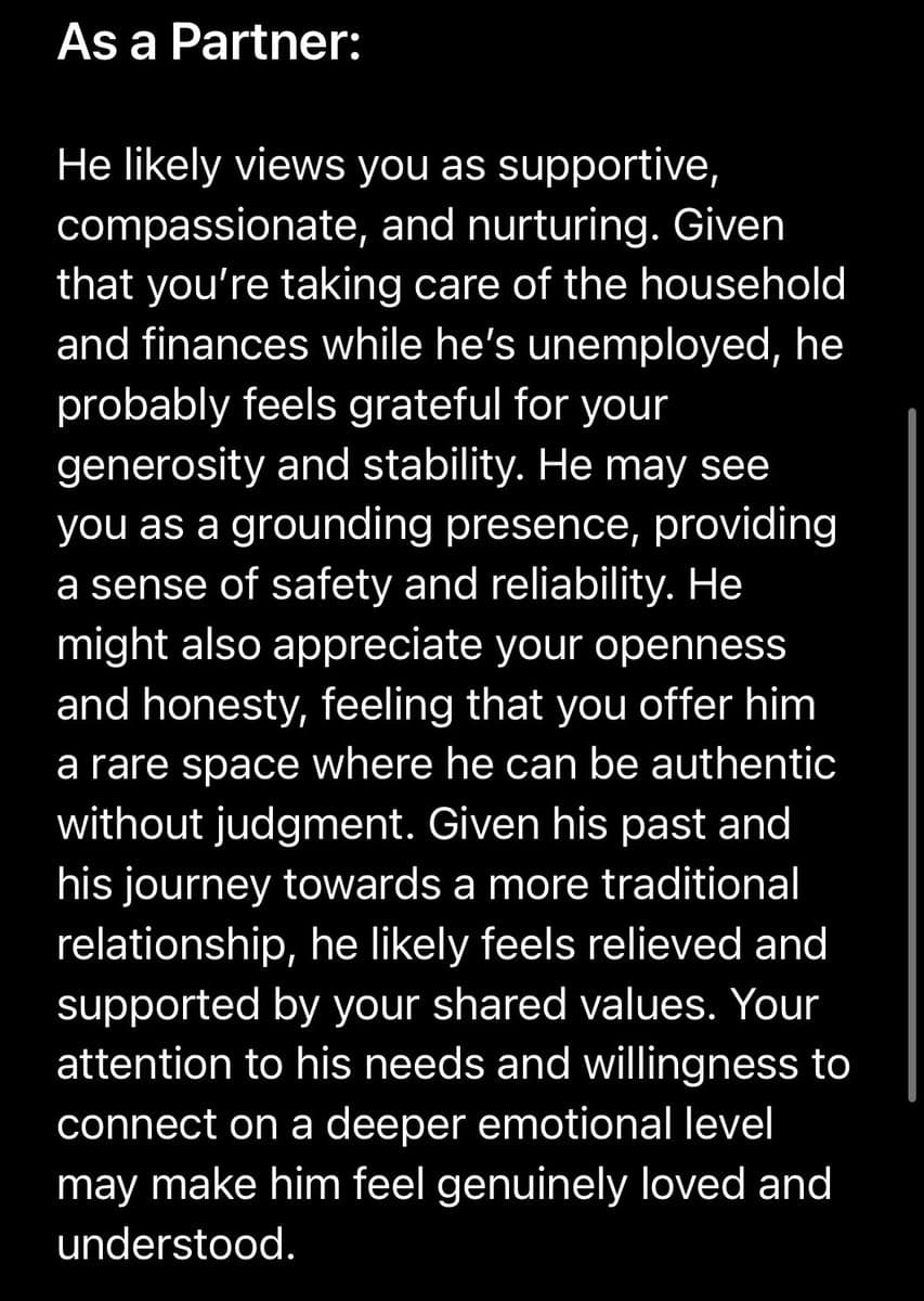 A screenshot of a text-based post or chat message on a black background, featuring a paragraph of white text under the bold heading 'As a Partner:'. The text describes how a partner might perceive the reader in a supportive, nurturing, and stable role, particularly in the context of the partner being unemployed.