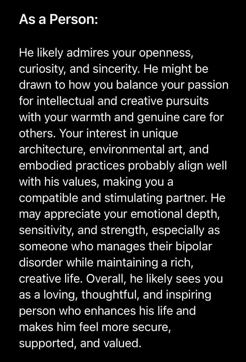 A text-based image with a black background and white text, likely a screenshot of a written passage or AI-generated response. The text is a paragraph describing how a person might perceive another individual's personality and compatibility.