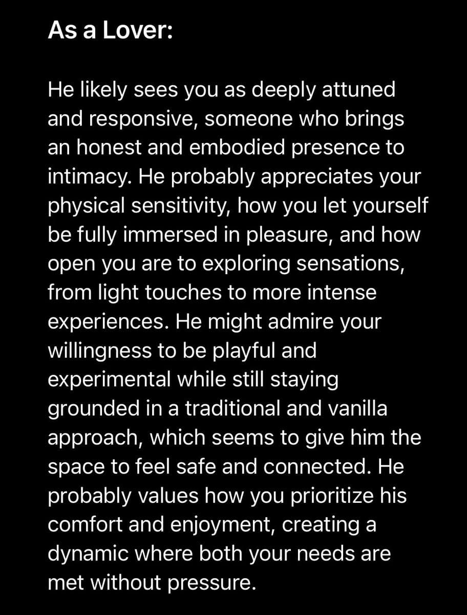 A text-based image with a black background and white text, presenting a paragraph under the heading 'As a Lover:'. The text describes a romantic partner's perspective on intimacy and connection.