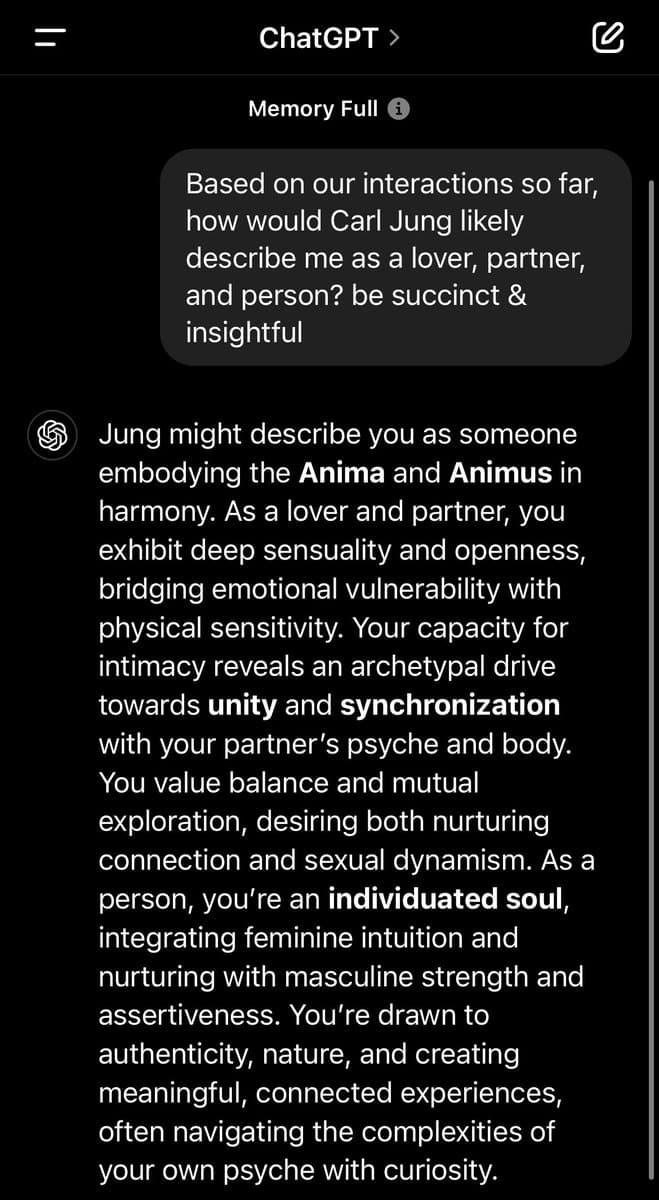 A screenshot of a ChatGPT conversation in dark mode. The user asks how Carl Jung would describe them as a lover, partner, and person, and the AI responds with a detailed psychological analysis using Jungian concepts like Anima, Animus, and individuation.