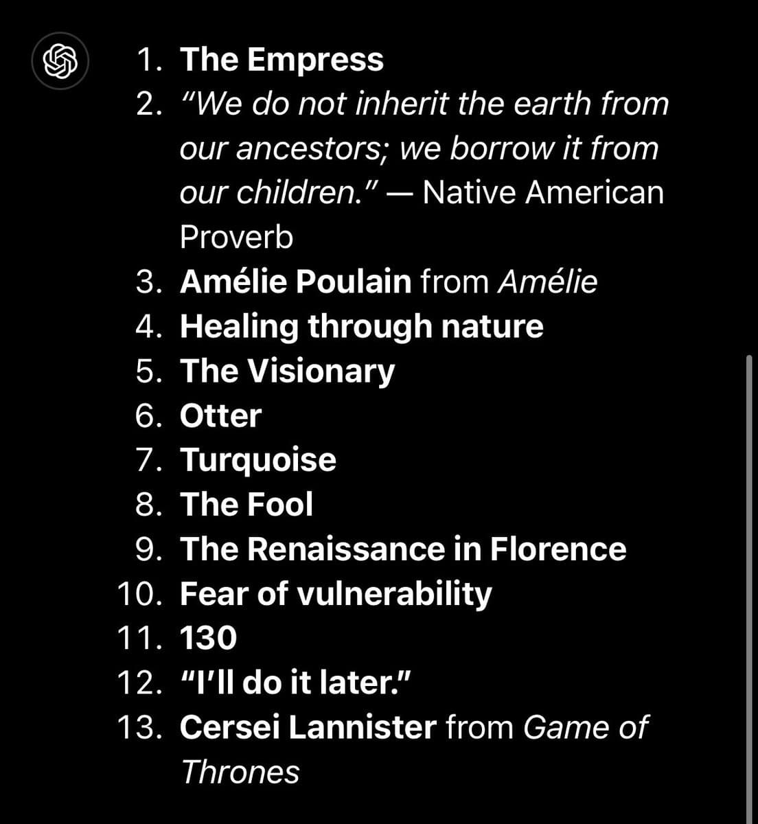 A screenshot of a chat interface showing a numbered list of 13 answers generated by an AI (indicated by the ChatGPT logo) in response to a personality quiz prompt.