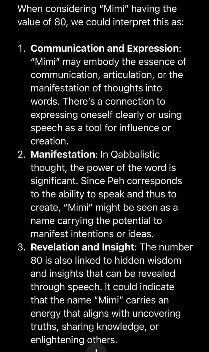 A screenshot of a text-based image, likely from a social media post or chat, presenting a numbered list of interpretations for the name "Mimi" with the value of 80. The text is white on a black background.