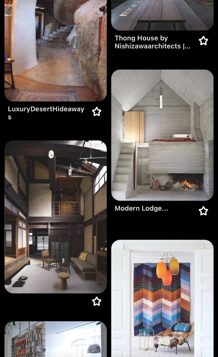 A screenshot of a Pinterest-style image board displaying a grid of interior design and architecture photos. The images feature various unique living spaces, including a cave dwelling, a concrete house, a traditional Japanese home, and a modern room with a colorful quilt. Each photo is accompanied by a title and a star icon for saving.
