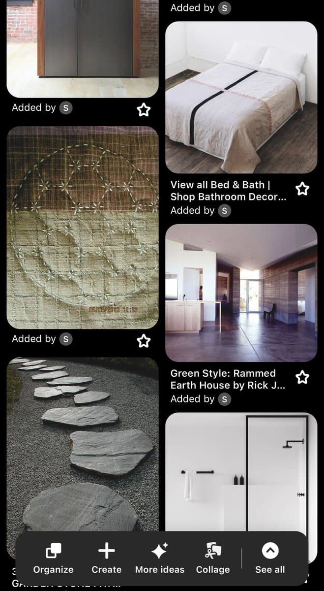 A screenshot of a Pinterest-style image board displaying a grid of interior design and home decor photos, including a bed, a bathroom, a stone garden path, and a woven textile. The interface includes a bottom navigation bar with options to organize, create, or make a collage.