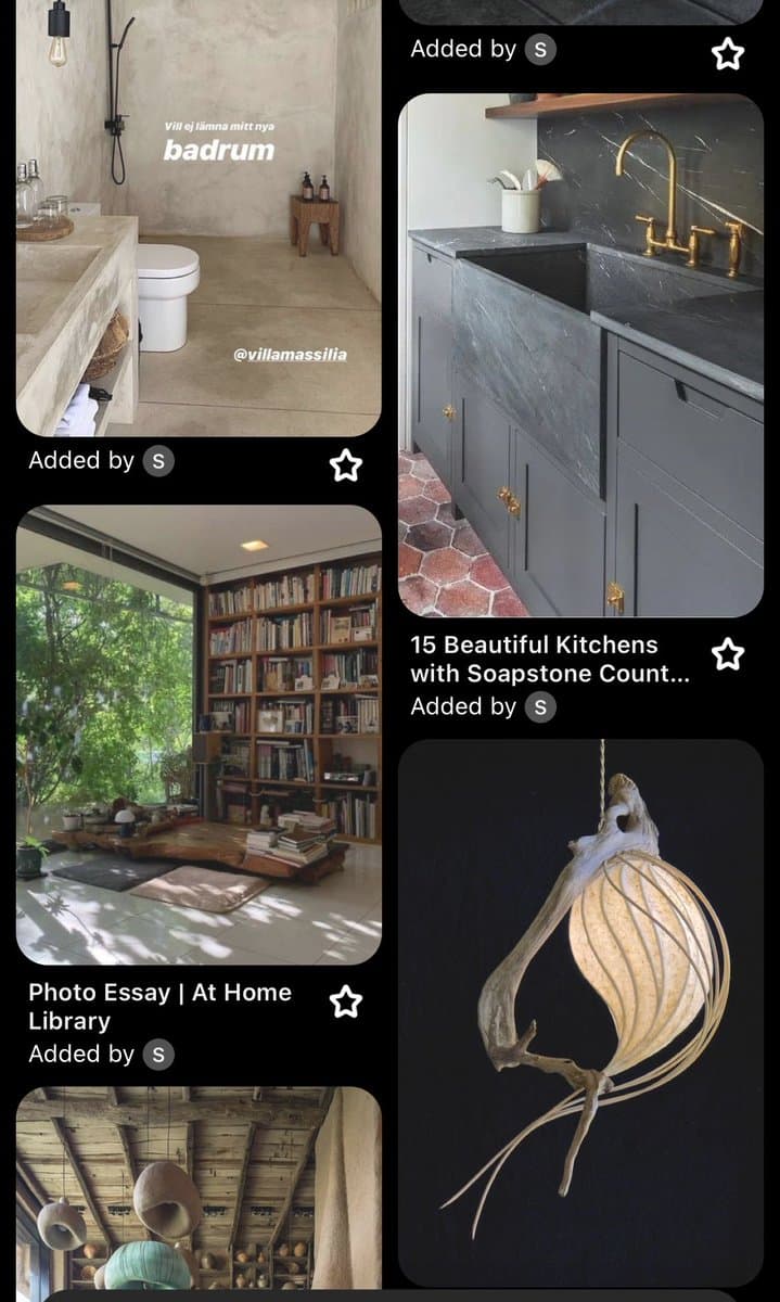 A screenshot of a Pinterest-style image board displaying a grid of interior design and home decor photos, including a bathroom, a kitchen, a library, and a hanging light fixture. Each image is accompanied by a title and an 'Added by' label.