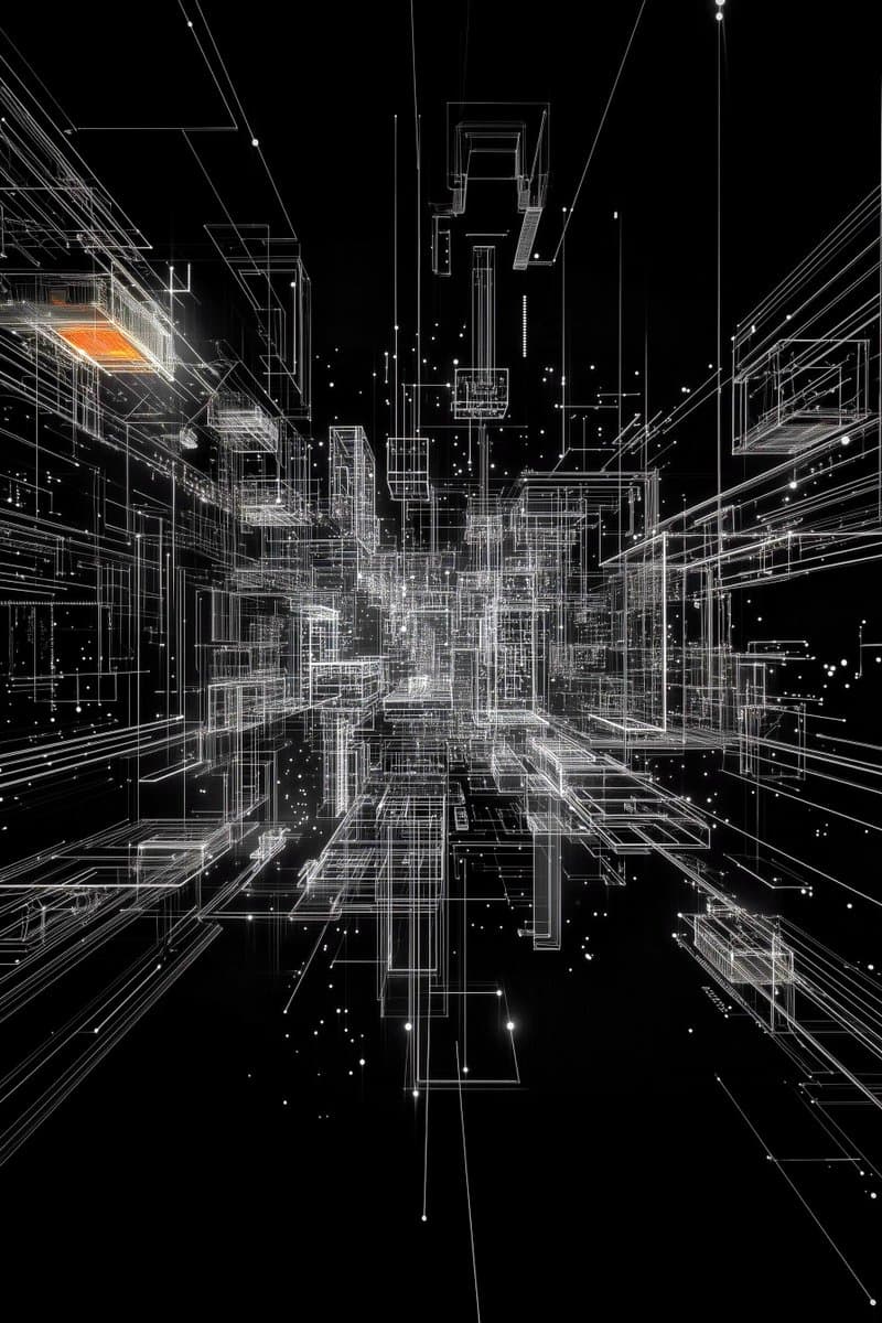 A digital illustration of a futuristic, wireframe cityscape rendered in white lines against a black background, featuring a single glowing orange panel on a building to the left. The perspective looks down a central corridor of geometric structures with scattered points of light resembling stars or data particles.