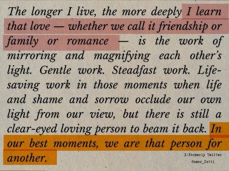 A text-based image featuring a quote by James Baldwin on a textured, off-white background. The text is in a black serif font, with key phrases highlighted in pink and orange. The quote discusses love as the work of mirroring and magnifying each other's light.