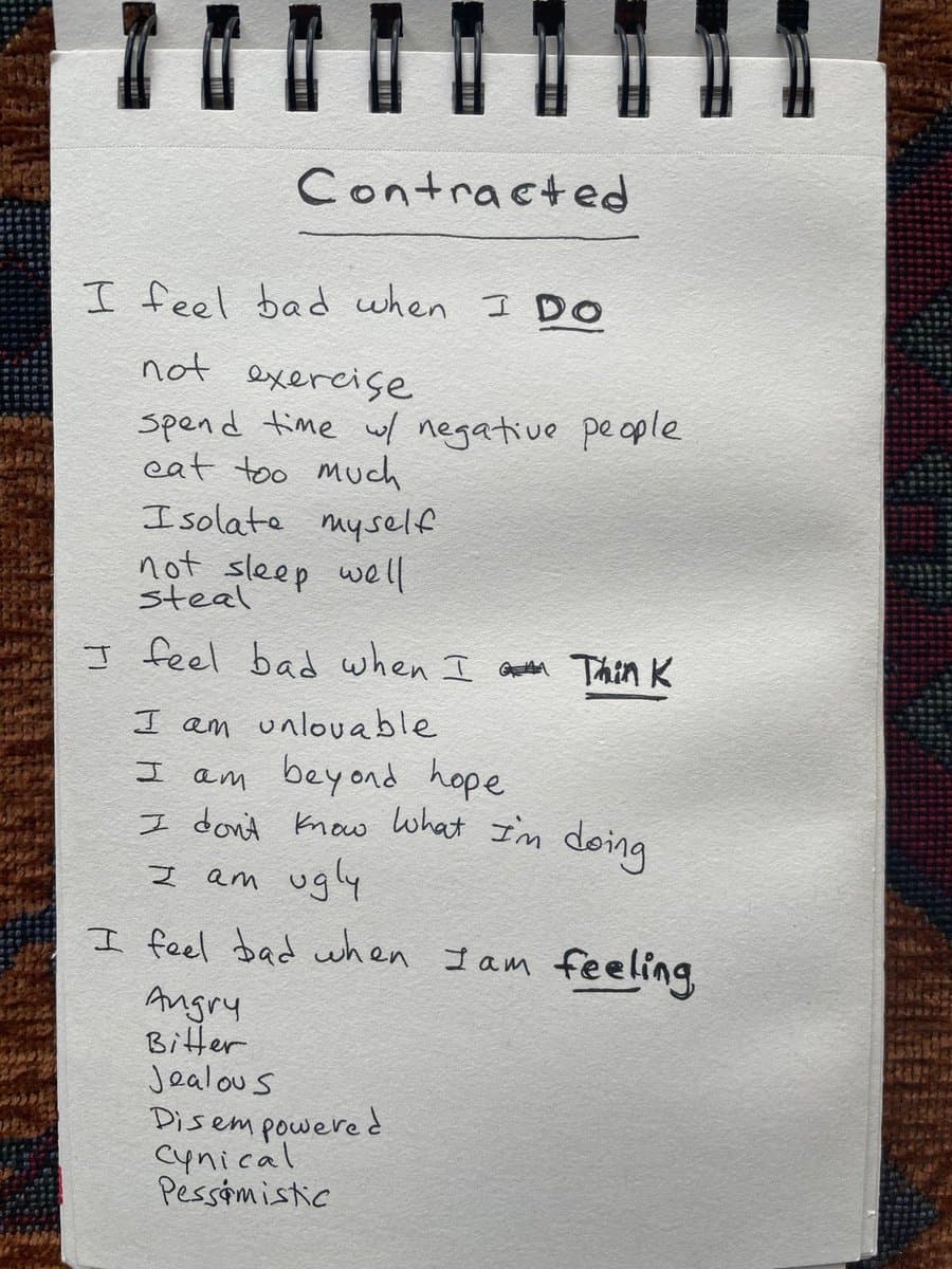 A handwritten page from a spiral-bound notebook titled 'Contracted', listing behaviors, thoughts, and feelings that make the author feel bad. The text is organized into three sections: 'I feel bad when I DO', 'I feel bad when I THINK', and 'I feel bad when I am feeling'.