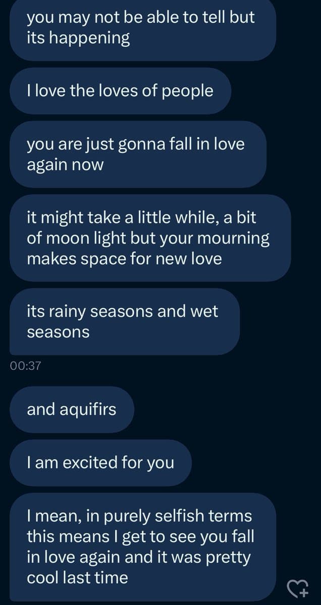 A screenshot of a text message conversation on a dark-themed messaging app. The messages discuss the transition from mourning to new love, using metaphors about seasons and water.
