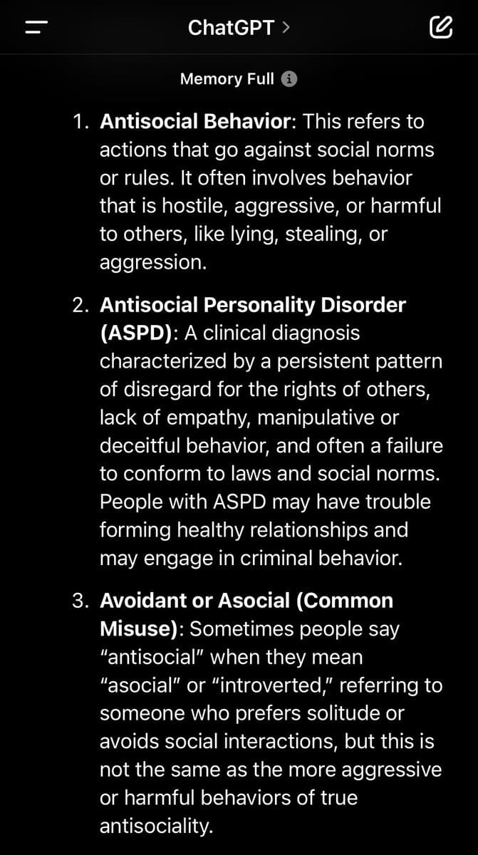 A screenshot of a ChatGPT mobile interface displaying a numbered list that distinguishes between three meanings of the term 'antisocial.' The text defines antisocial behavior, Antisocial Personality Disorder (ASPD), and the common misuse of the word to mean 'asocial' or 'introverted.'